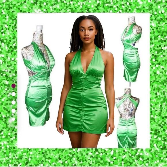 Short Green Halter Cut Out Waist Tight Bodycon Evening Cocktail Mini Dress - Picture 1 of 16